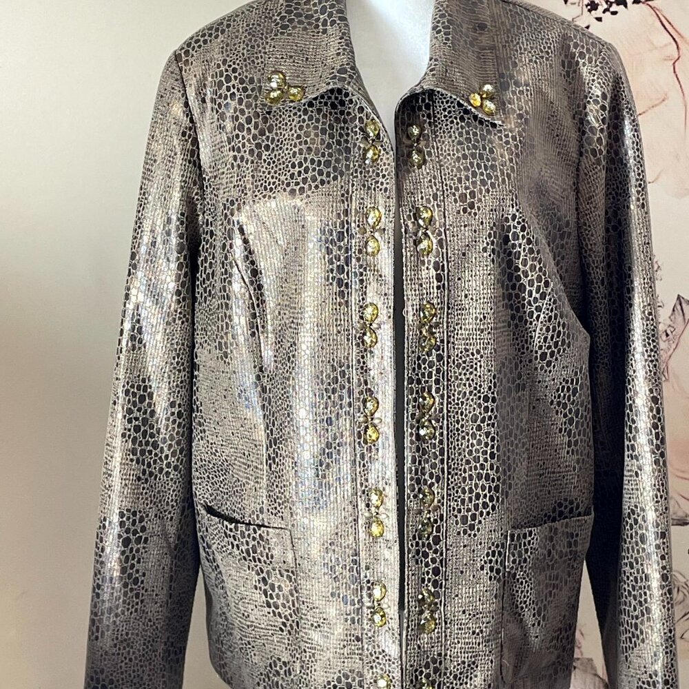NWOT Alfred Dunner Brown Reptile Snake Print Jacket Studded Accents Pockets 14